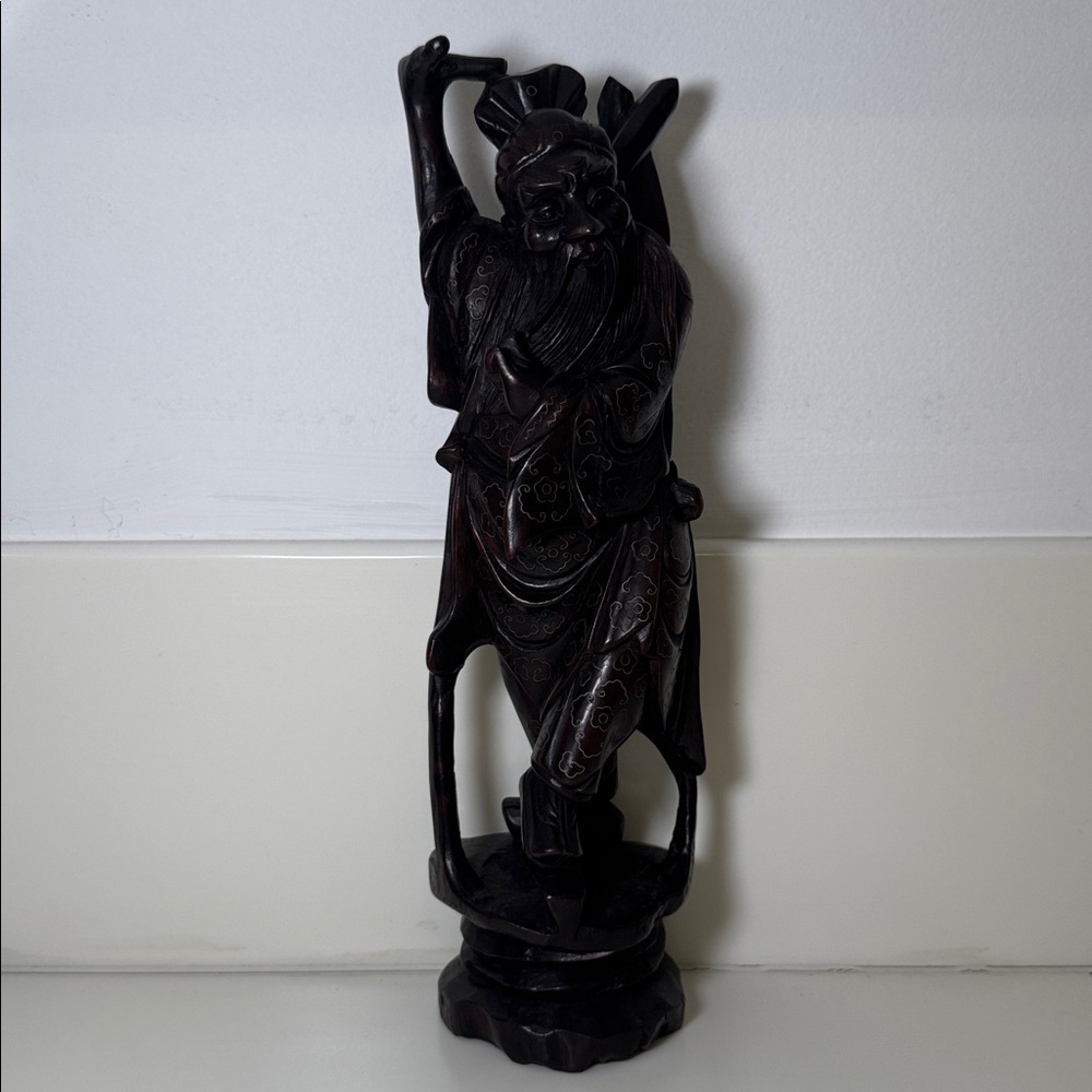 Vintage Hand-Carved Chinese Guan Yu Warrior God Statue, Dark Hardwood Sculpture